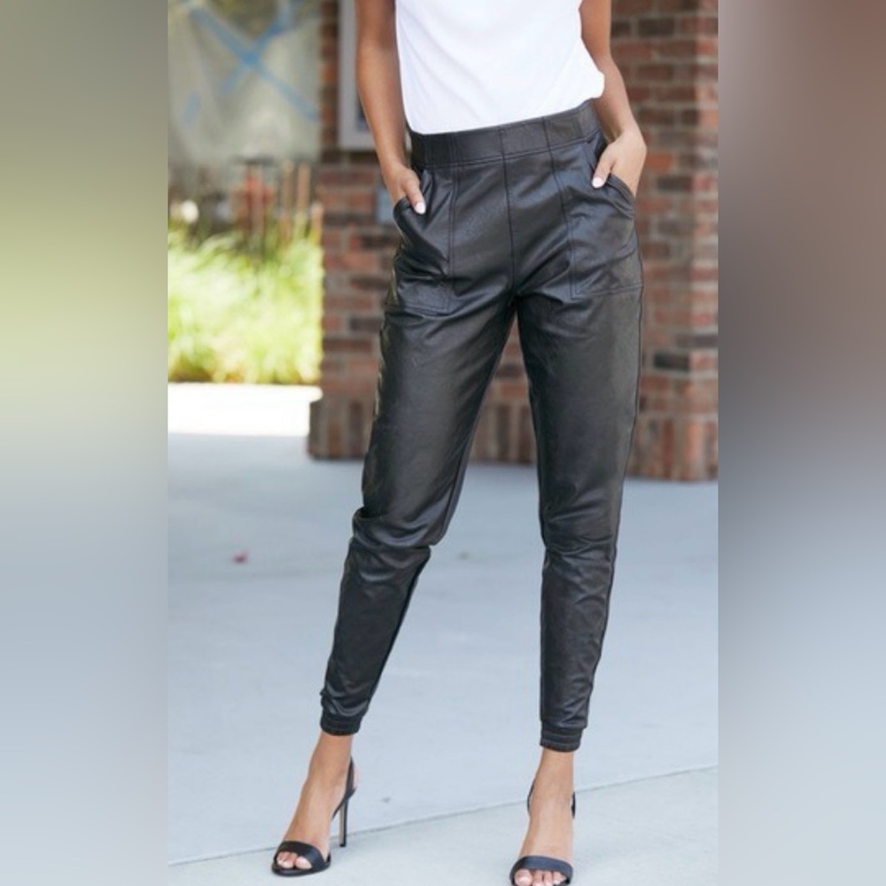 Spanx Women Size Xsmall Black Noir Leather Like Jogger High Rise